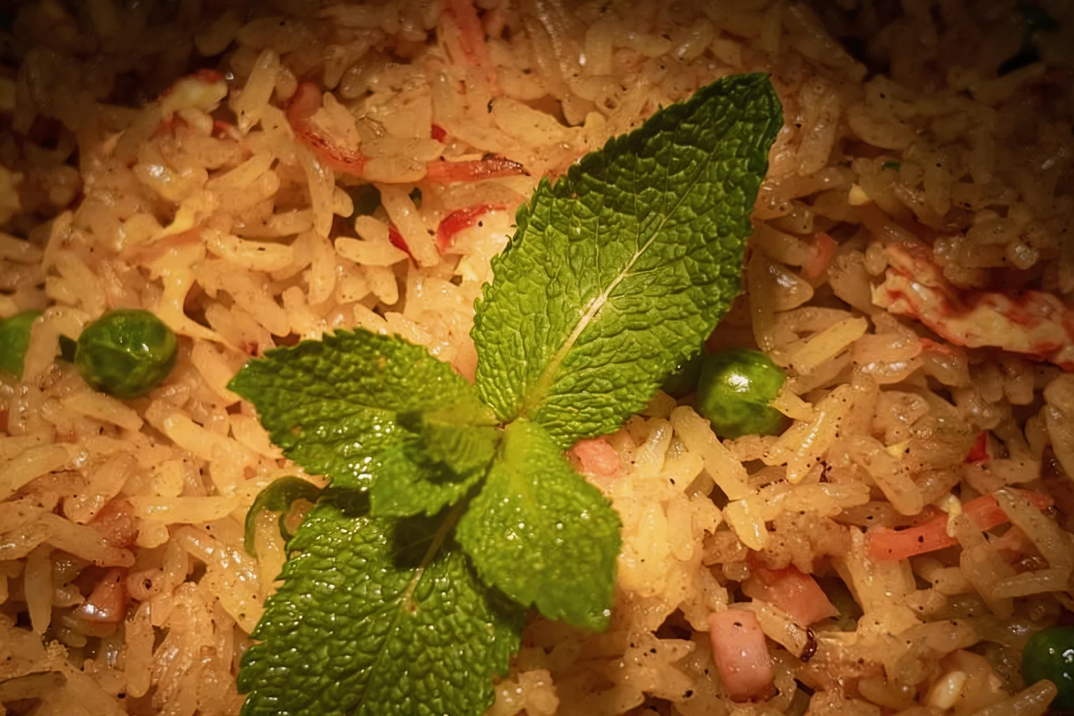 Riz au curry avec une feuille de menthe, vue de près.