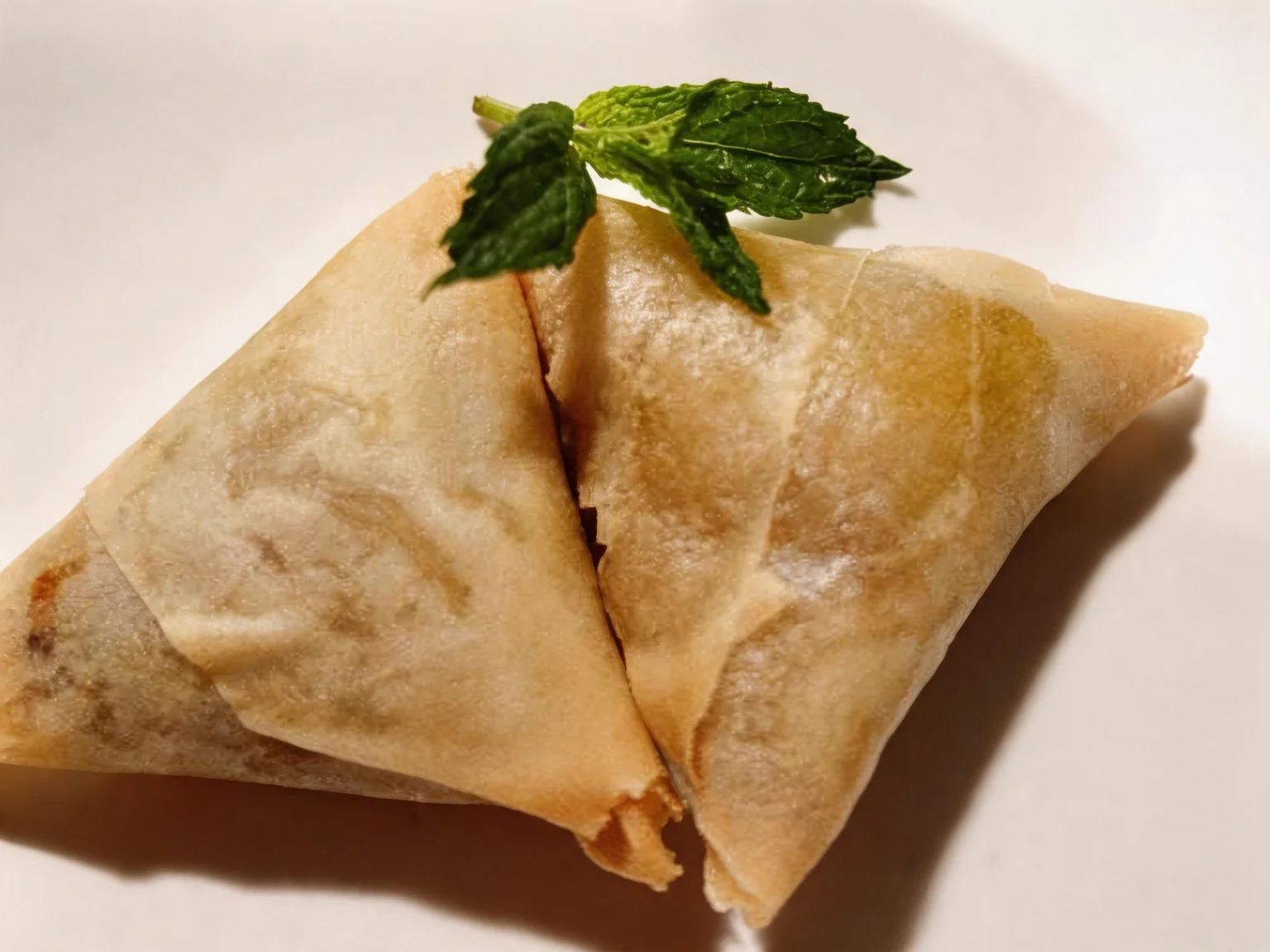 Samoussa au bœuf. Sur une assiette blanche, avec une feuille de menthe.